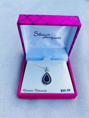 Silver Luxuries Genuine Marcasite Blue Teardrop Necklace